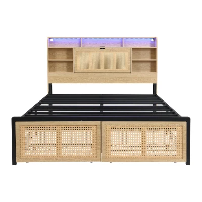 4ft6 Wooden Double Bed with LED Strip Light and Headboard Storage, Natural+Black