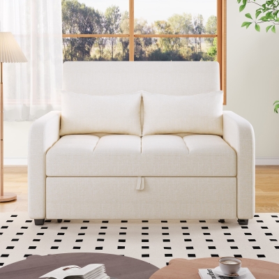 Multifunctional Folding Sofa Bed with Adjustable Backrest and 2 Cushions, Off White