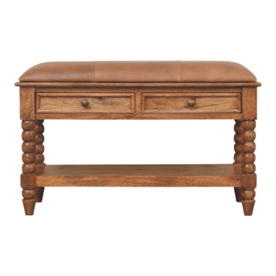 Solid Mango Wood Upholstered Spindle Bench with 2 Smooth‑gliding Drawers, Brown