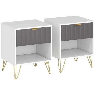 HOMCOM Mesa de Cabeceira Mesa de Apoio Compartimento Aberto Gaveta e Puxador Pés em Aço 45x40x55 Branco e Cinza