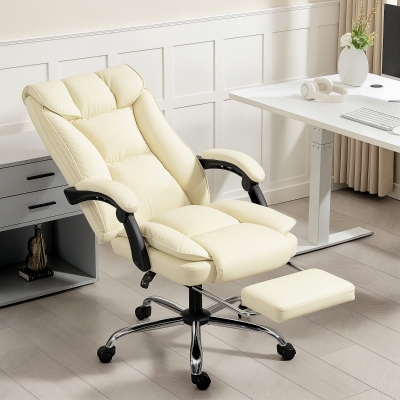 HOMCOM Silla de Escritorio con Reposapiés Respaldo Reclinable Acolchado Grueso Tapizada en Cuero Sintético Beige