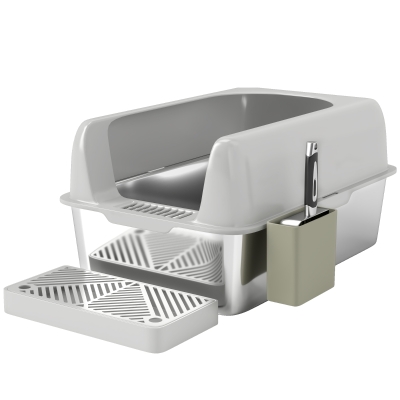 PawHut Caixa de Areia para Gato em Aço Inoxidável Fácil de Limpar com Bordas Altas Anti-Vazamento de Urina Pá Incluída Cinza