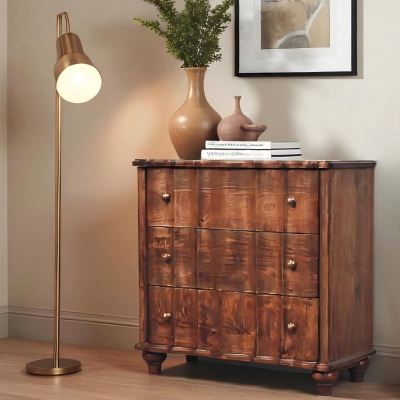 Solid Mango Wood Chest of Drawers with 3 Spacious Drawers and Turned Legs, Brown