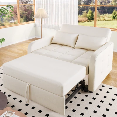 Multifunctional Folding Sofa Bed with Adjustable Backrest and 2 Cushions, Off White