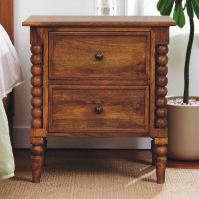 Solid Mango Wood Spindle-Leg Bedside Table with 2 Smooth-Gliding Drawers, Brown