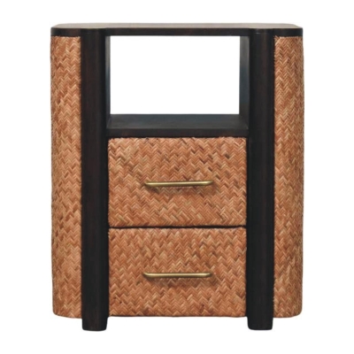 Solid Mango Wood Curved-Edge Rattan Bedside Table with 2 Drawers, Brown