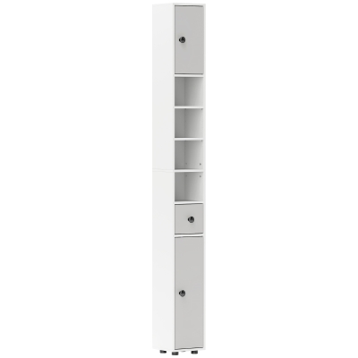 kleankin 180cm Tall Bathroom Cabinet, Slim Bathroom Storage Cabinet with 4 Open Shelves, 2 Door Cupboards and Adjustable Shelves, White