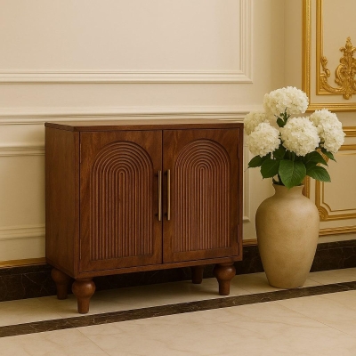 Solid Mango Wood Arco Groove Sideboard with Whimsical Animal Motif, Brown