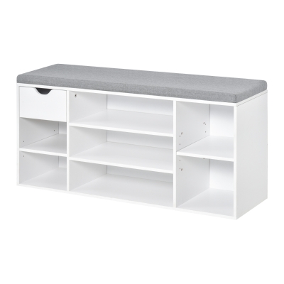 HOMCOM Banco para Sapatos com Almofada de Assento Compartimentos Abertos e Gaveta 101x29x47,5 cm Branco e Cinza