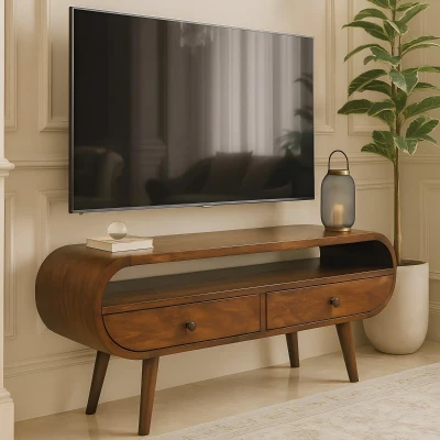 100% Solid Mango Wood Round TV Stand with 2 Smooth‑Gliding Drawers and Open Slot, Brown