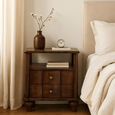 Solid Mango Wood Bedside Table with Smooth-Gliding Drawers and Ample Storage, Brown