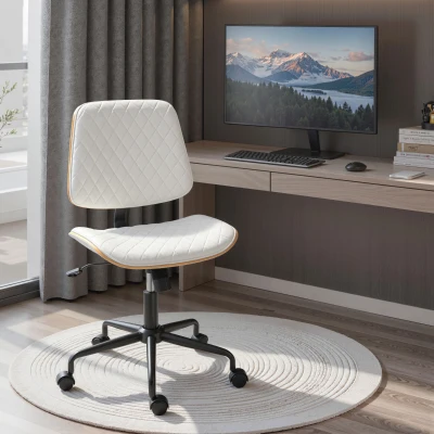 HOMCOM Silla de Escritorio sin Brazos Giratoria con Respaldo Curvado Asiento Forma U Altura Ajustable Basculante Blanco