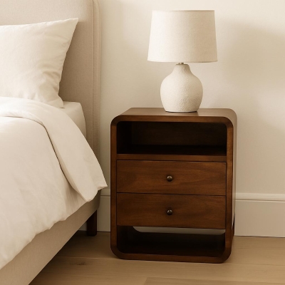 100% Solid Mango Wood Bedside Cabinet with 2 Smooth‑Gliding Drawers, Brown