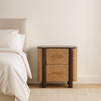 Solid Mango Wood Bedside Table with 2 Smooth-Gliding Drawers, Brown