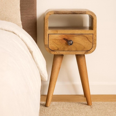 Solid Mango Wood Mini Curved Bedside with Spacious Drawer and Open Slot, Brown