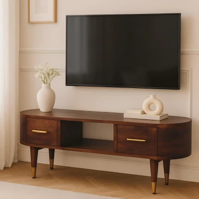 Solid Mango Wood Open-Slot Media Unit with Hand-Finished Detailing, Brown
