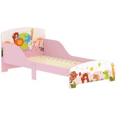 AIYAPLAY Cama Infantil Cama No Chão Estampa Animal 140x70 cm com Estrado de Ripas de Madeira Design Baixo Seguro Rosa