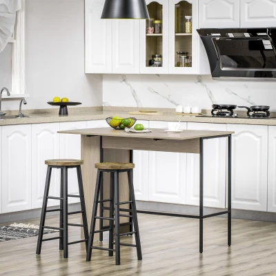 HOMCOM Ilha Central Mesa de Bar Tampo Lateral Rebatível e 3 Prateleiras 120x76x91,4 cm Cinza Claro