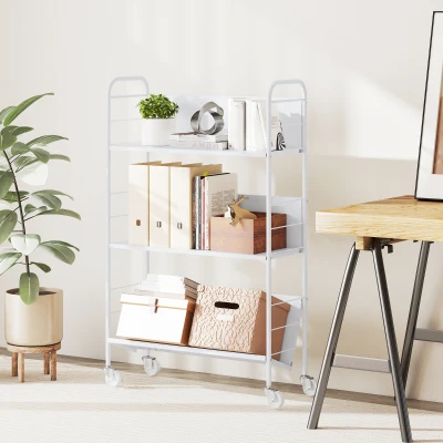 HOMCOM Carrito para libros moderno de 3 niveles con ruedas giratorias para libros y revistas, 69x26x108 cm, Blanco
