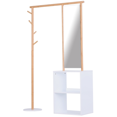 HOMCOM Cabideiro Móvel de Entrada Vestiário Guarda-Roupa com Espelho 4 Ganchos 2 Nichos 100x34x164 cm Mdf Branco Madeira Maciça Bambu