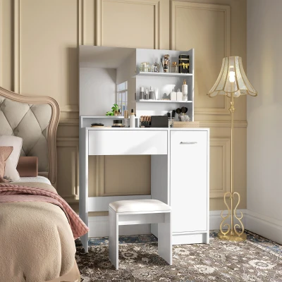 HOMCOM Toucador de Maquilhagem com Espelho e Banco Gaveta Armário com Prateleira Ajustável para o Quarto 80x40x132 cm Branco