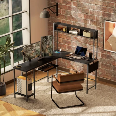 HOMCOM Secretária Modular Secretária de Canto com Tomada e Porta USB Estilo Industrial Prateleiras de Arrumação 160x120x145 cm Preto