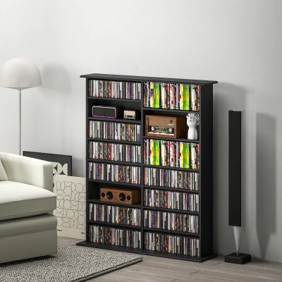 HOMCOM Arrumação para Cd e Dvd com 16 Compartimentos e 12 Prateleiras Reguláveis Capacidade Máx. 720 Cd/396 Dvd e Blu-Ray Preto