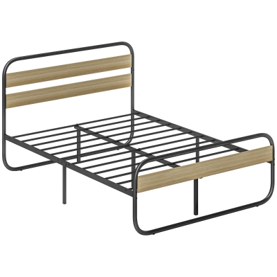 HOMCOM Cama Casal 140x190 cm Estrutura em Aço Estilo Industrial Cabeceira e Estrado Incluídos Efeito Madeira