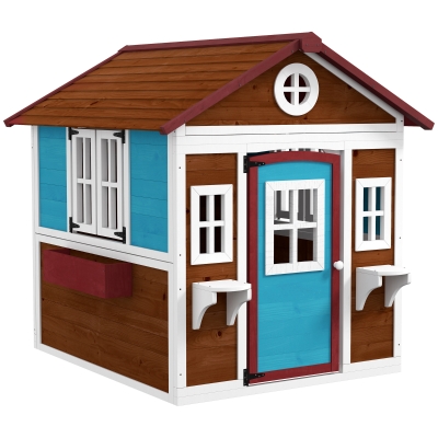 Outsunny Cabana Infantil Exterior Casa Infantil Exterior com Porta Janelas e Floreiras 114x126,4x135 cm Castanho e Azul
