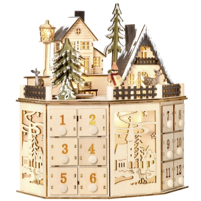 HOMCOM Adventskalender Adventskalenderbox Weihnachtsdekoration, LED-Lichter, 24 Schubladen, Natur