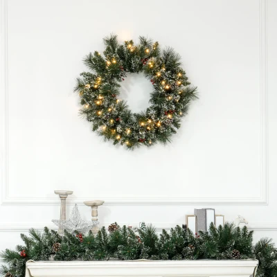 HOMCOM Weihnachtskranz mit LED-Beleuchtung, roten Beeren, realistisches Aussehen, Ø60 x 10 cm, Grün