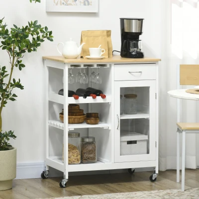 HOMCOM Carrinho de Cozinha com Rodízios Multi-Arrumação Armário com Porta Compartimento para Vinho Prateleiras Gaveta Branco