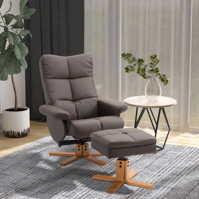 HOMCOM Swivel Recliner Chair and Footstool with Hidden Storage, Upholstered Recliner Armchair with Solid Wood Base for Living Room, Brown