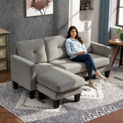 HOMCOM Sofá Chaise Longue Sofá em Forma de L Estofado em Poliéster Sofá de Canto Reversível 186x130x84 cm Marrom Degradado