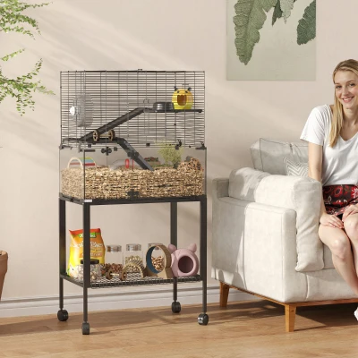 PawHut Klatka dla chomika, wybieg dla małych zwierząt z 3 poziomami, kołowrotek, domek, platformy, rampy, miska, butelka na wodę, akcesoria, stal, plastik, czarny