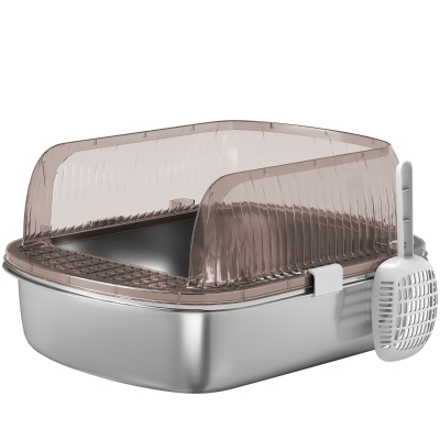 PawHut Kattenbak van roestvrij staal, kattentoilet met hoge rand, inzet, inclusief schep, voor grote katten, 53x42x27 cm, kolgrijs