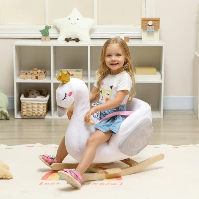 AIYAPLAY Schaukeltier, Schwan-Schaukel mit Schlaflied, weicher Füllung, Holzrahmen, für Kinder 1,5-3 Jahre, 65x40x68 cm, Weiß