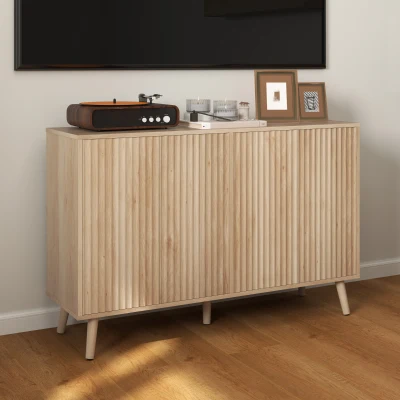 HOMCOM Aparador para salón, mueble de almacenamiento con 4 puertas acanaladas con apertura por presión, 120 x 35 x 77,5 cm, roble