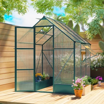 Outsunny Garden Walk-in Aluminium Greenhouse Polycarbonate with Plant Bed ,Temperature Controlled Window, Foundation, 6 x 6ft