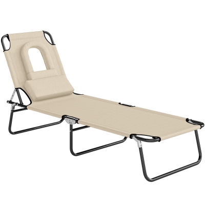 Outsunny Outdoor Foldable Sun Lounger, 4 Level Adjustable Backrest Reclining Sun Lounger Chair with Pillow and Reading Hole, Beige