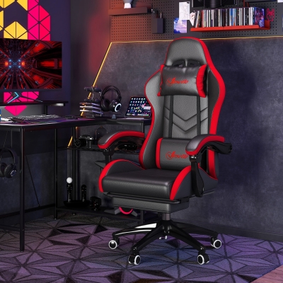 Vinsetto Cadeira Gaming Ergonómica Reclinável 135° de Couro PU com Suporte Lombar Altura Ajustável 65x65x129 cm Preto e Vermelho