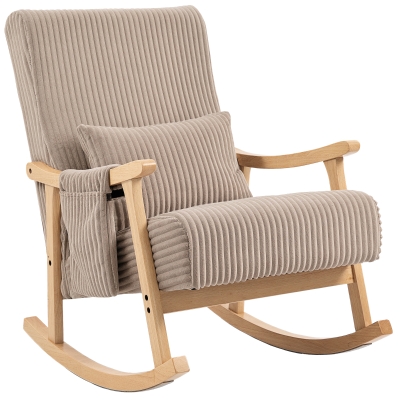 HOMCOM Silla Mecedora de Pana con Cojín Lumbar Patas y Reposabrazos de Madera de Caucho Bolsillo Estilo Moderno Marrón Claro