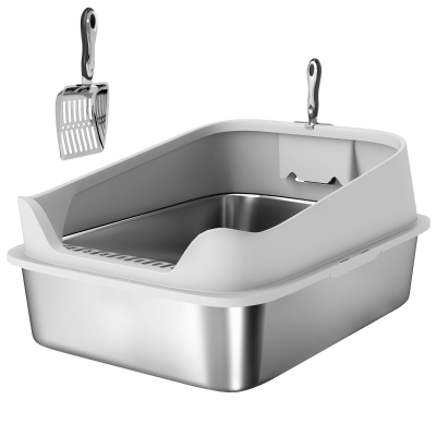 PawHut Katzentoilette Edelstahl Offene Katzenklo mit Schaufel hohem Rand für große Katzen bis 12 kg 69,8 x 50,3 x 29,8 cm Grau