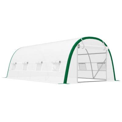 Outsunny Estufa de Exterior 6x3x2 m Estufa de Túnel com Porta Enrolável 8 Janelas com Rede Cobertura PE 140g/m² Estrutura em Aço Branco