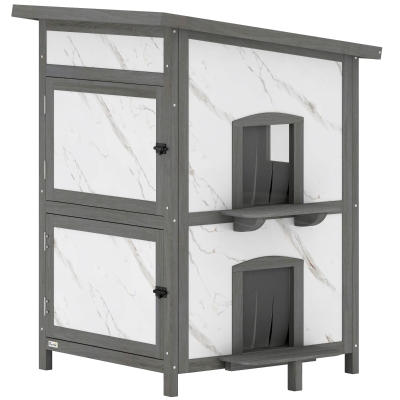 PawHut Caseta exterior para gatos, casa de madera para gatos, múltiples entradas, ventana, resistente al agua, 60 x 60 x 88 cm, Blanco