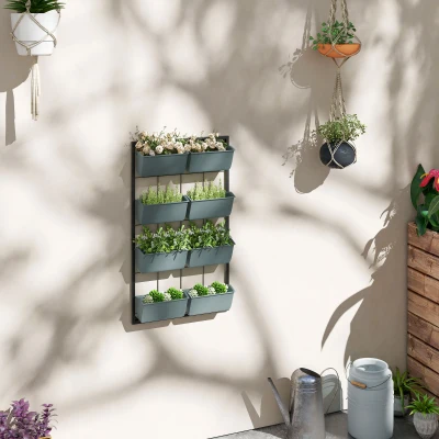Outsunny Huerto Vertical de Pared a 4 Niveles con 8 Macetas, en Acero y Plástico, 52x14x90 cm, Verde Oscuro y Negro