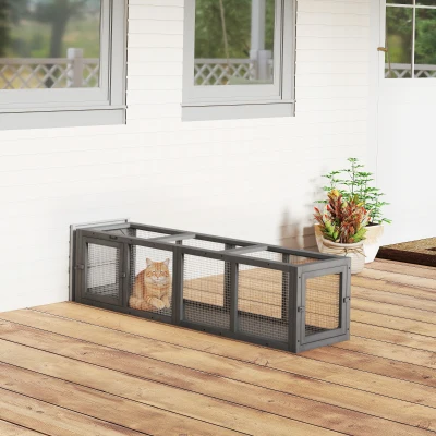 PawHut Outdoor Cat Tunnel, Wooden Play Cat Enclosure, Extendable Pet Run with 3 Doors, for Indoor and Outdoor Use, Grey