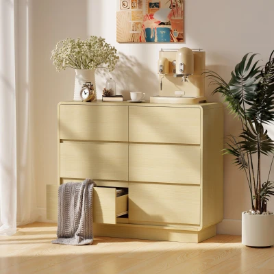 HOMCOM 100 cm Sideboard, Buffetschrank mit 6 Schubladen, Kommode für Küche, Wohnzimmer, Esszimmer, Naturholz