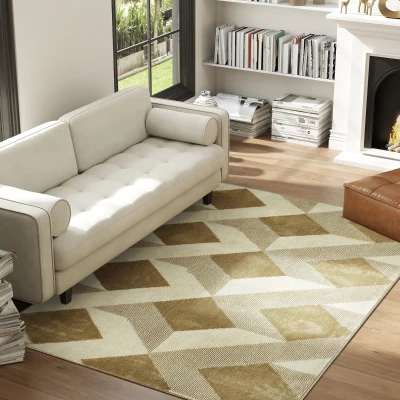 HOMCOM Tapete Sala de Estar 170x120 cm Tapete Lavável na Máquina de Lavar Pelo Curto Estilo Moderno Creme e Marrom Claro