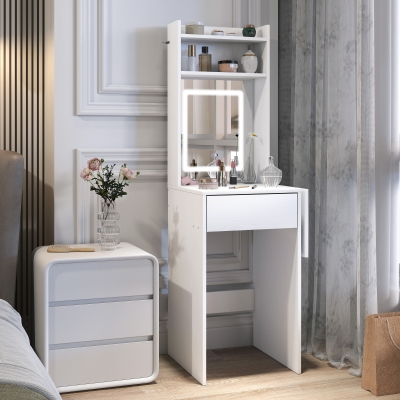 HOMCOM Small Dressing Table with Mirror and Adjustable LED Lights, Modern Vanity Desk with Drop Leaf, Open Shelves and Drawer, Compact Makeup Table for Small Spaces, Bedroom, White